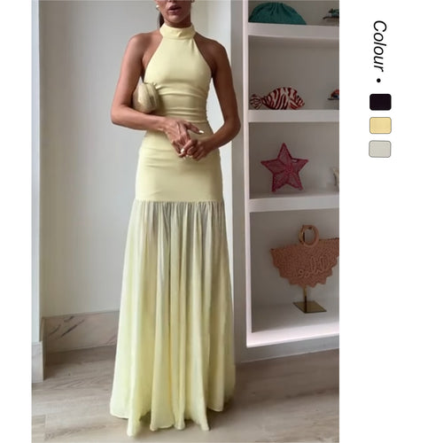 Damen Maxikleid mit hochgeschlossenem Design und fließendem Rock EB