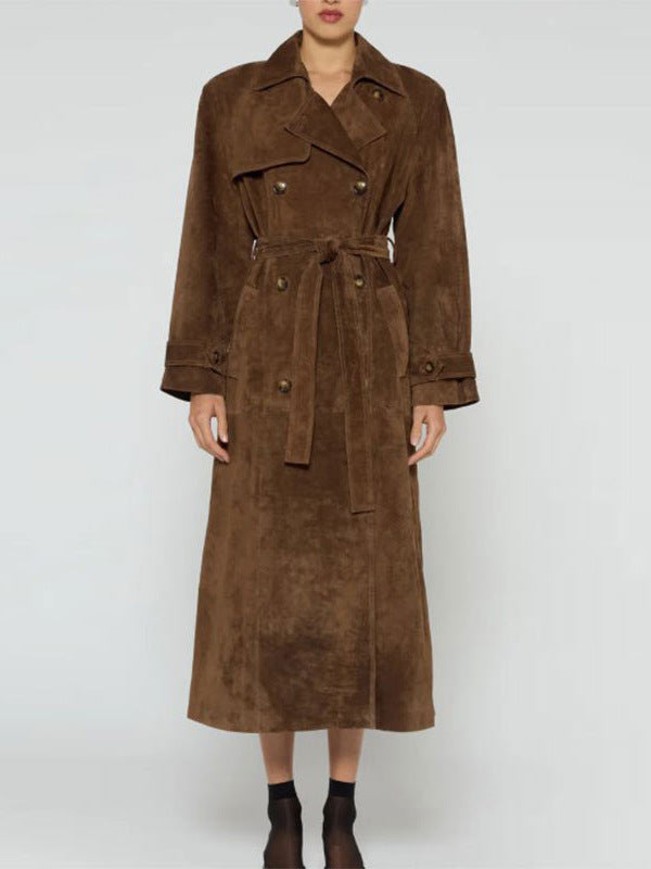 Damen Eleganter Knie-langer Trenchcoat aus Wildlederimitat EB