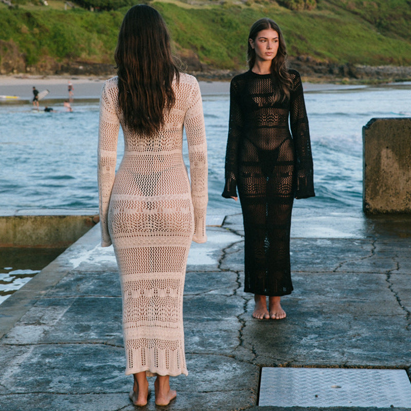 Damen Häkel-Strandkleid mit langem Schnitt und Boxermuster EB