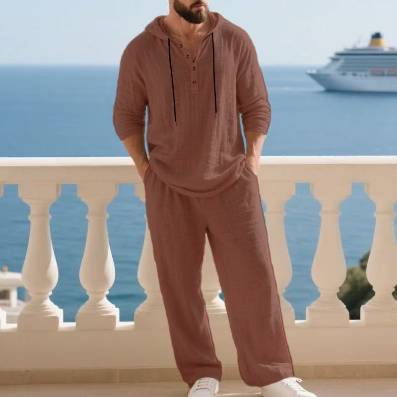 Herren nan lässiges Leinenzweiteiler-Set mit Kapuzenhemd im Henley-Stil und weiten Freizeit-Hosen EB