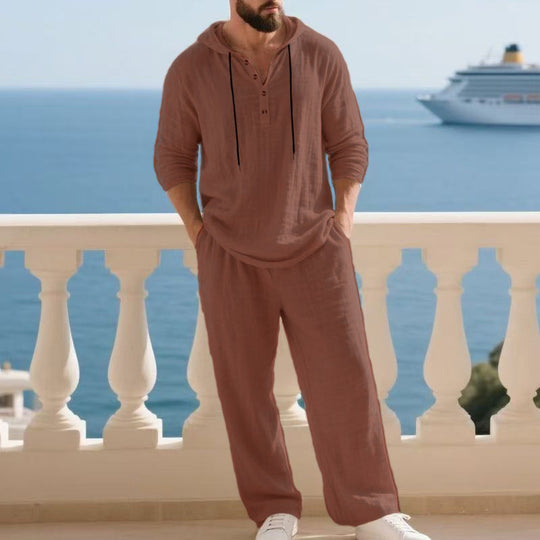 Herren nan lässiges Leinenzweiteiler-Set mit Kapuzenhemd im Henley-Stil und weiten Freizeit-Hosen EB