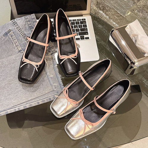 Damen elegante Ballerinas mit dekorativem Riemchen und modischem Blockabsatz EB