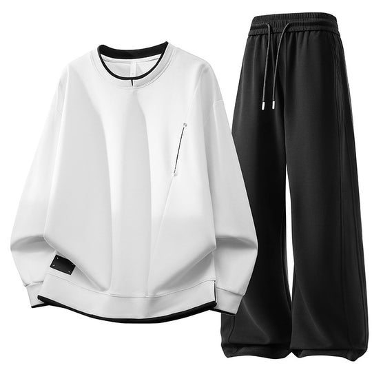 Unisex oversized Freizeitset Neoprenoptik Sweatshirt mit Kontrastbesatz und weiter Jogginghose EB