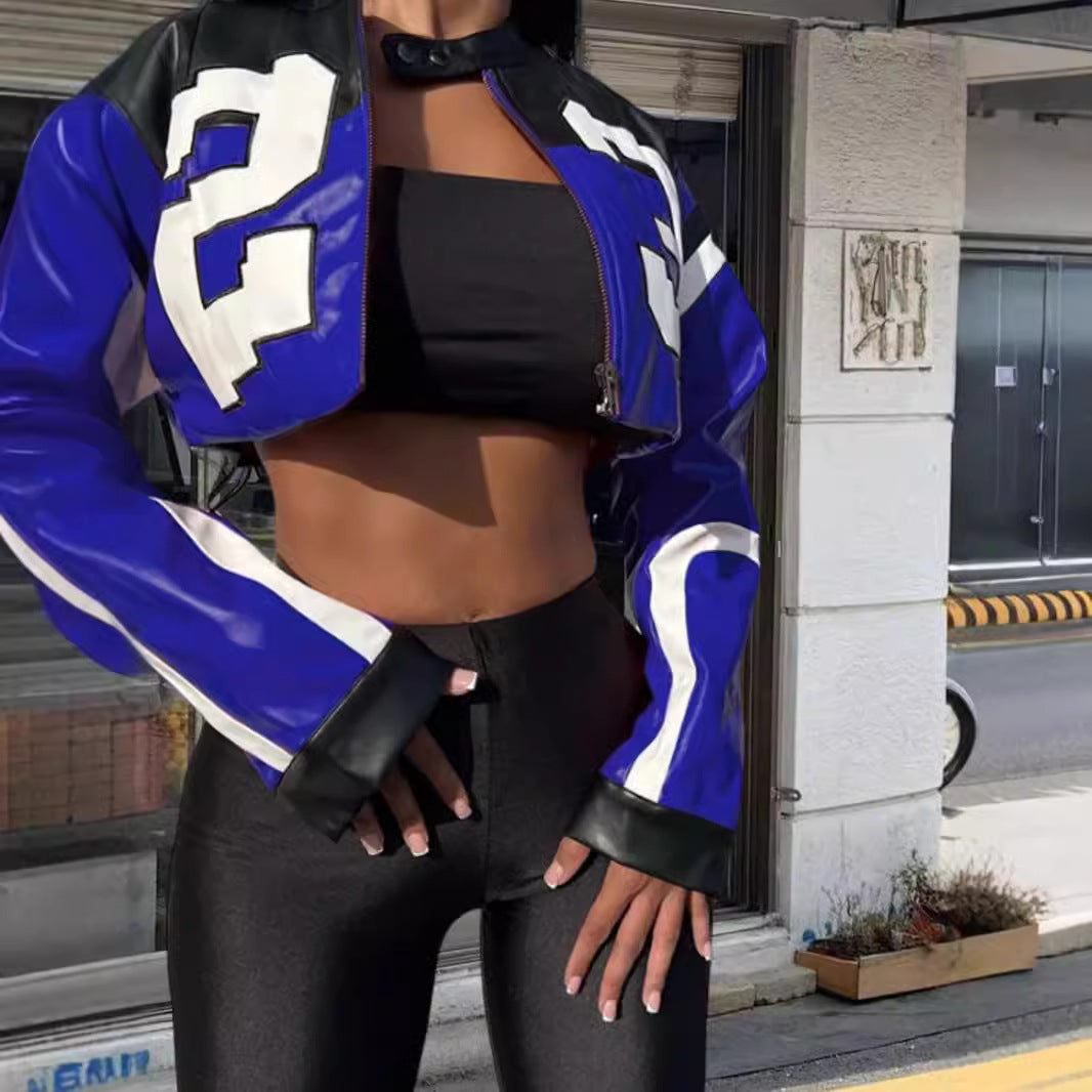 Damen cropped Kunstlederjacke im auffälligen Design EB