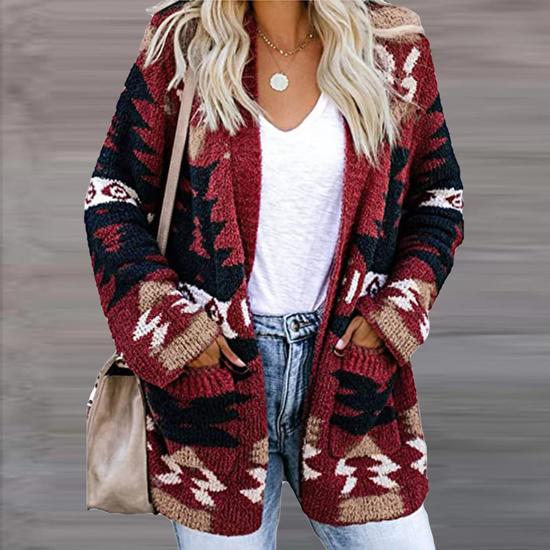 Damen Strickjacke im modernen Ethno-Design mit aufgesetzten Taschen und lässigem Schnitt EB