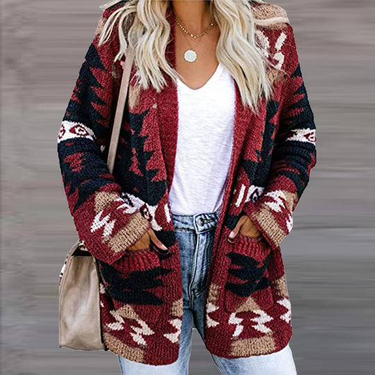 Damen Strickjacke im modernen Ethno-Design mit aufgesetzten Taschen und lässigem Schnitt EB