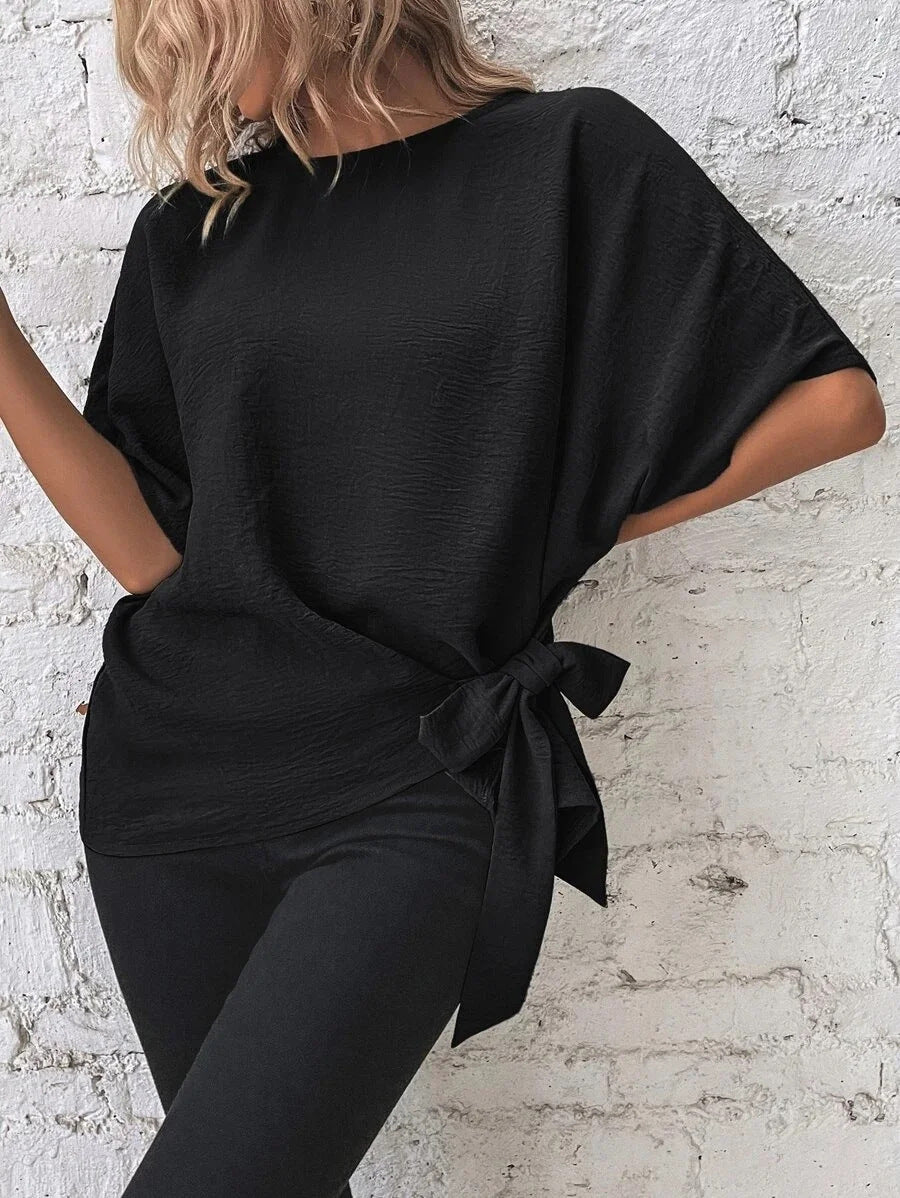 Damen Oversize-Bluse mit Seitenschleife und Fledermausärmeln EB
