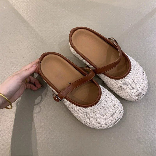 Damen elegante Clogs mit handgearbeitetem Strickmuster und verstellbarem Riemen EB