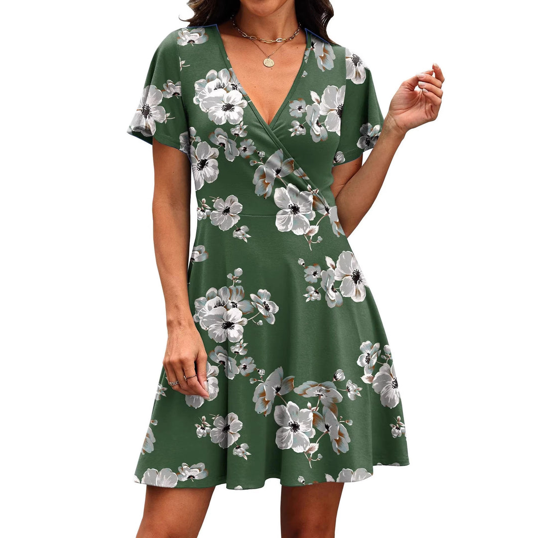 Damen Kurzärmeliges Wickelkleid mit floralen Mustern und V-Ausschnitt EB