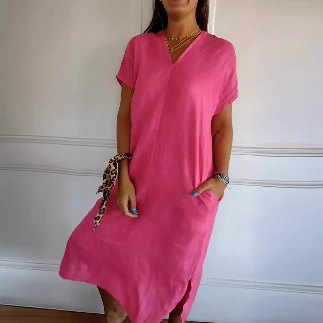 Damen Viskose-Leinen Kleid mit tiefem V-Ausschnitt und praktischen Taschen EB