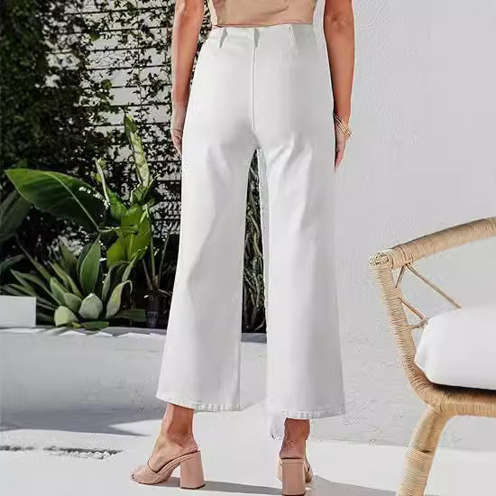 Damen High-Waist Jeans mit Knopfdetail und weitem Bein EB