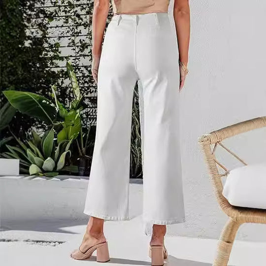 Damen High-Waist Jeans mit Knopfdetail und weitem Bein EB