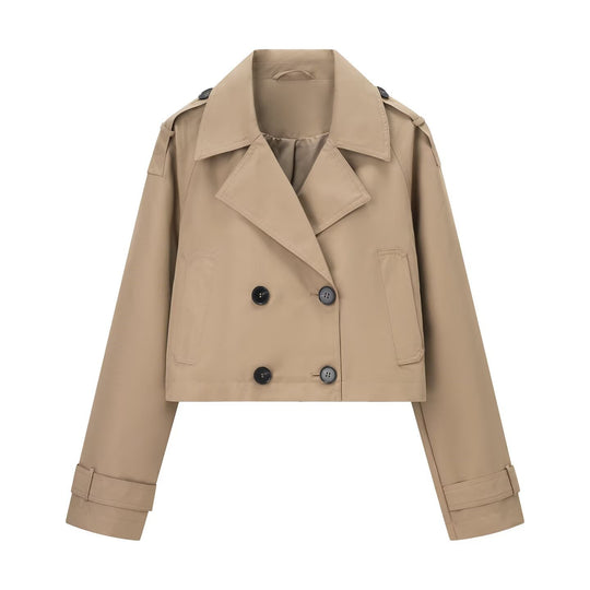 Damen nan kurze taillierte Doppelreiher-Trenchjacke im Boxy-Cropped-Schnitt mit Schulterpatten und verstellbaren Manschetten EB