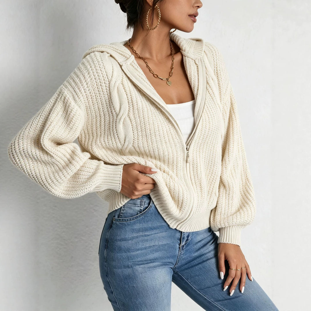 Damen Kapuzen-Cardigan im Grobstrick mit Zopfmuster und Reißverschluss EB