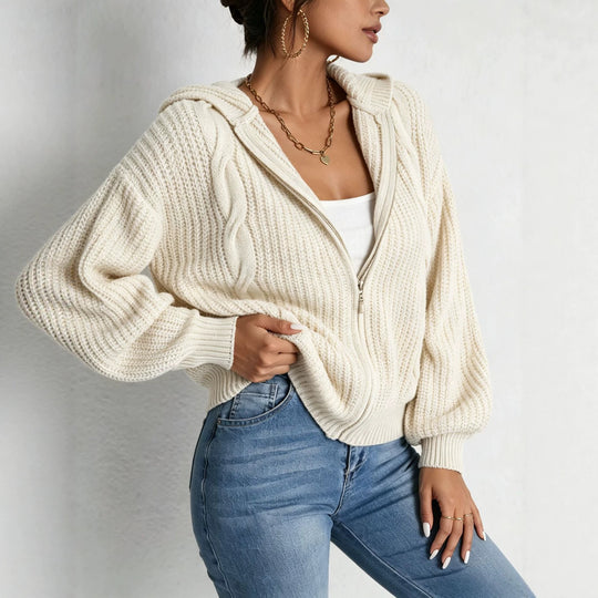Damen Kapuzen-Cardigan im Grobstrick mit Zopfmuster und Reißverschluss EB