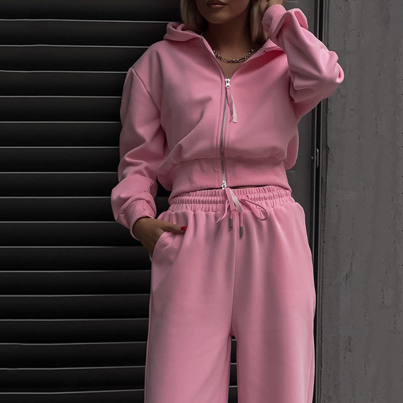 Damen Zweiteiliges Loungewear-Set mit kurzem Zip-Bomber und weiter High-Waist-Palazzohose EB