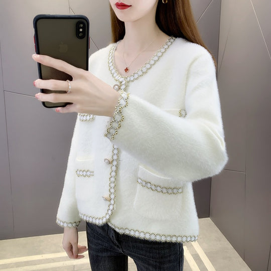 Damen Elegante und luxuriöse Strickjacke mit Perlenverzierungen EB