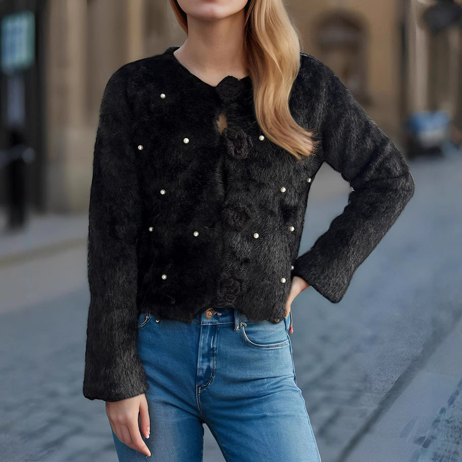Damen Strickjacke mit floralen Applikationen und perlverzierter Detail EB