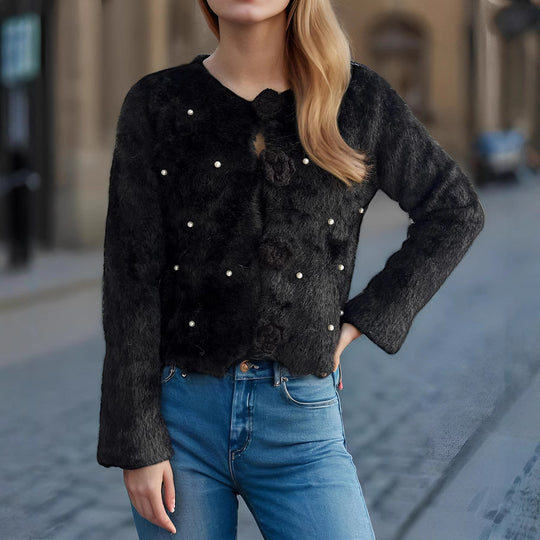 Damen Strickjacke mit floralen Applikationen und perlverzierter Detail EB