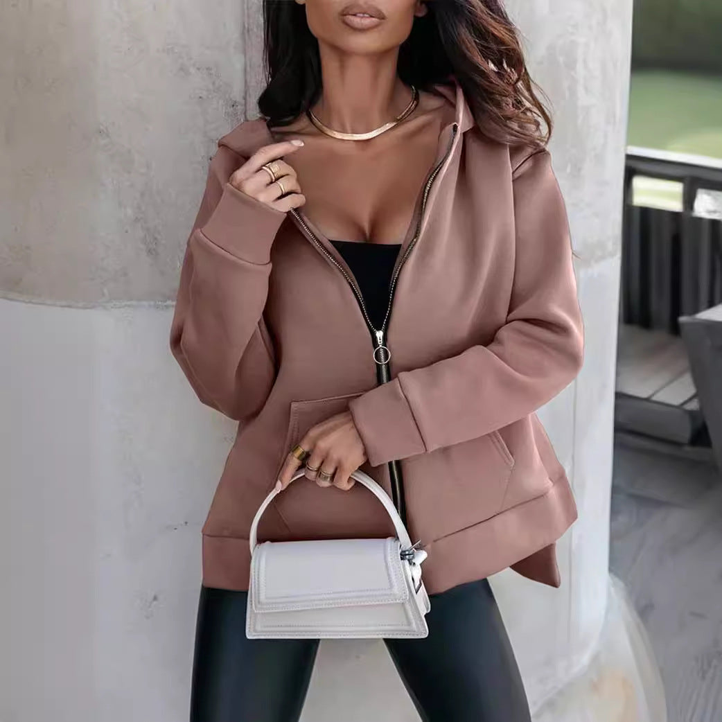 Damen Modischer Kapuzen-Zip-Hoodie mit praktischen Taschen und glänzendem Reißverschluss EB