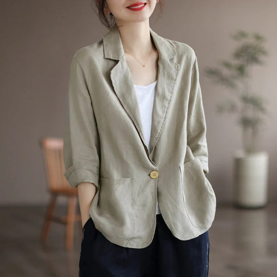 Damen Lässiger Leinenblazer mit breiten Ärmeln und Knopfverschluss EB