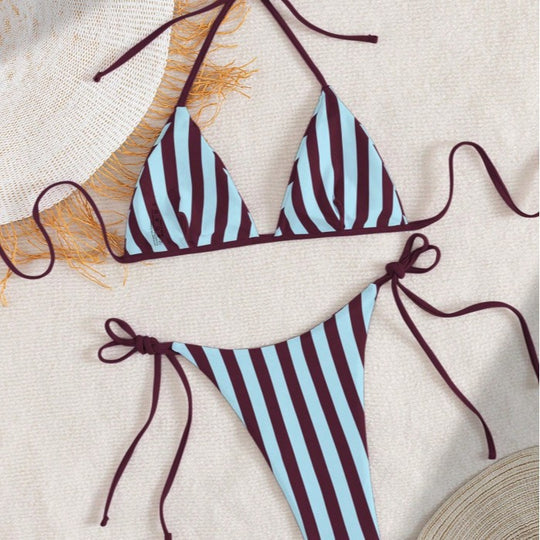 Damen Triangel-Bikini mit verstellbarem Bindeband und modischem Streifenmuster EB