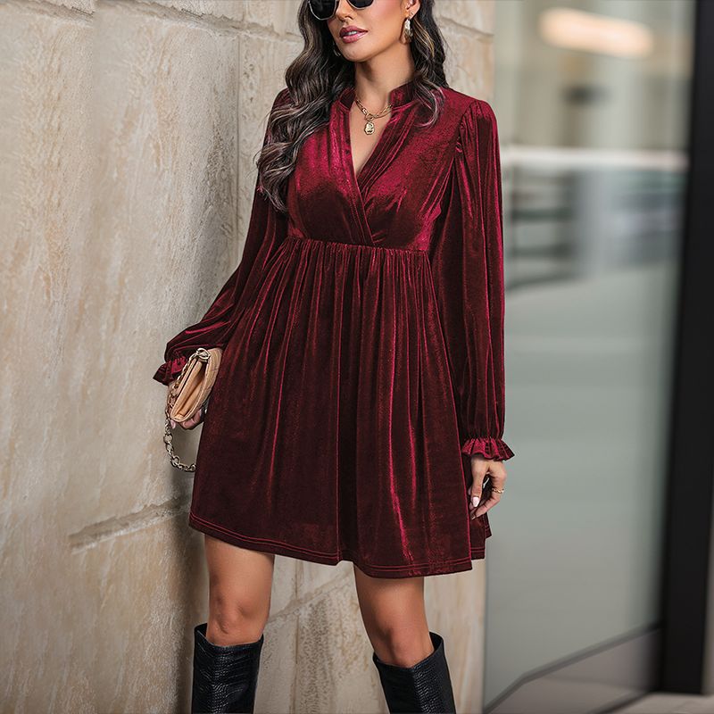 Damen elegantes Samtkleid mit tiefem V-Ausschnitt und Puffärmeln EB