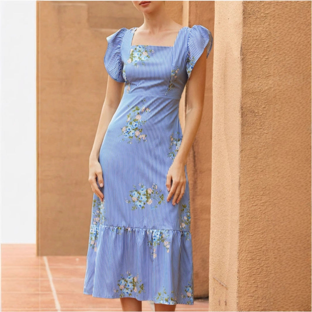 Damen Maxikleid mit floralem Streifenmuster und taillierter Silhouette EB