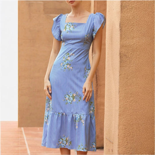 Damen Maxikleid mit floralem Streifenmuster und taillierter Silhouette EB