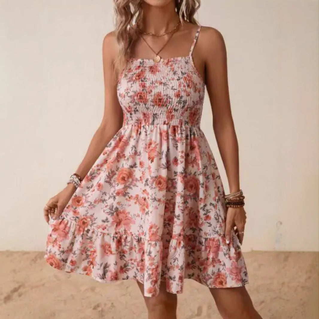 Damen Blumenkleid mit Spaghetti-Trägern und Rüschensaum EB