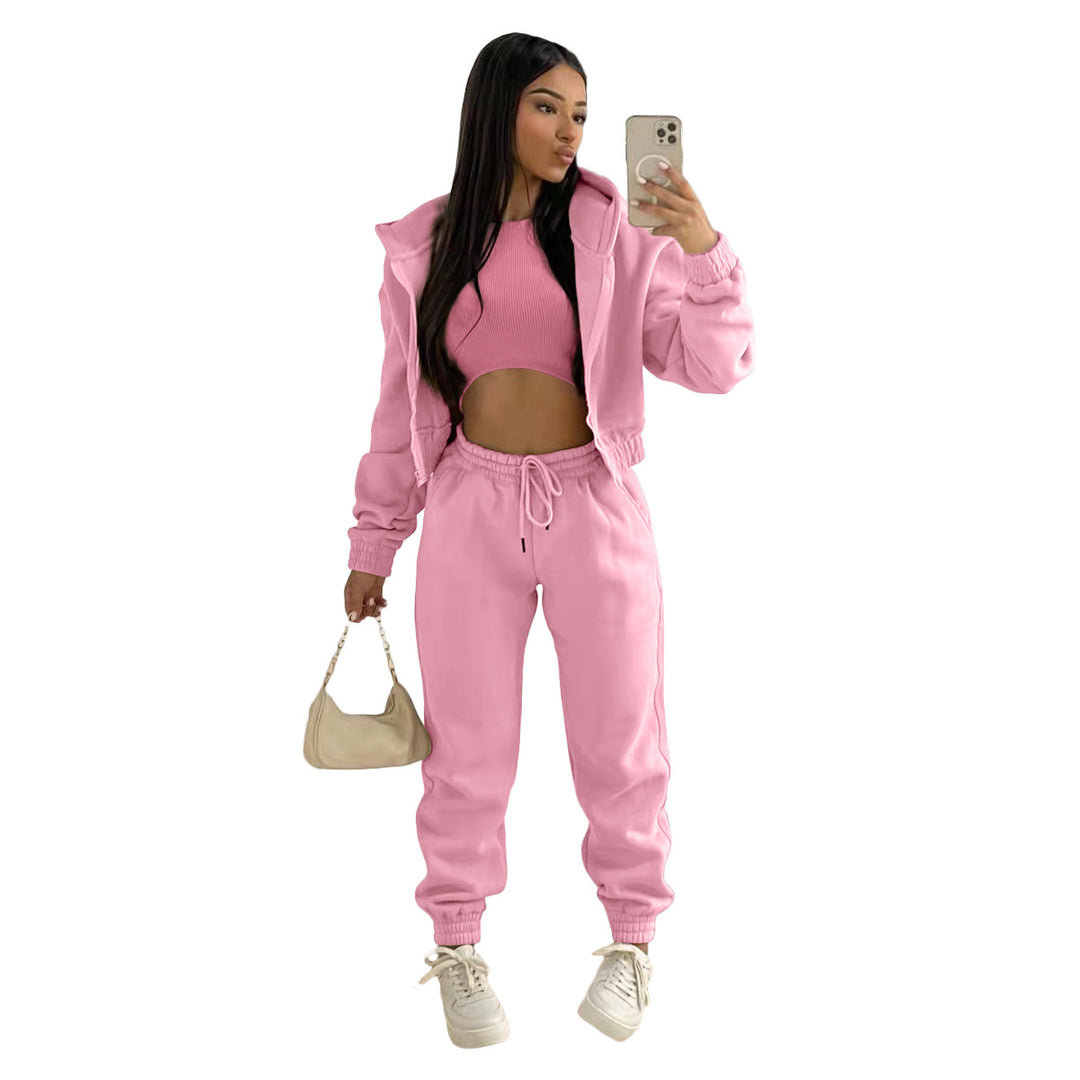 Damen stylischer Sportanzug mit lässiger Kapuzenjacke und elastischen Bundelementen EB