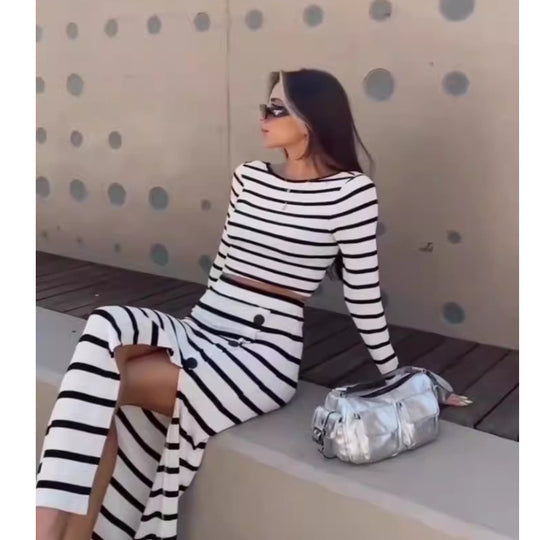 Damen modisches Zweiteiler-Set mit gestreiftem Crop-Top und langer Rock EB