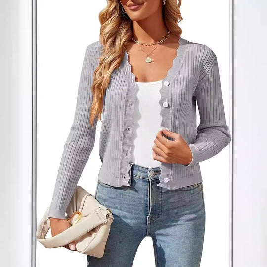 Damen elegante Strickjacke mit Wellenkante EB