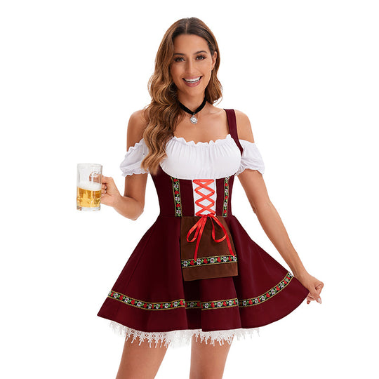 Damen nan traditionelles Oktoberfest Dirndl Minikleid mit Schnürung und abnehmbarer Schürze EB