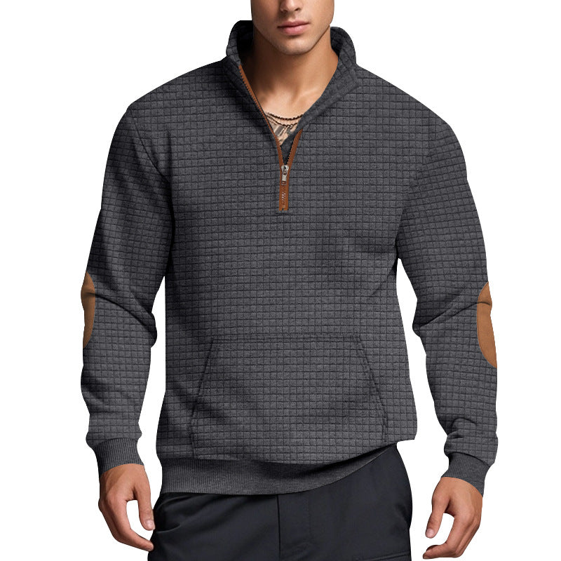 Herren nan gesteppter Halbzip Pullover mit Reißverschlusskragen und Kunstleder-Ellbogenpatches EB