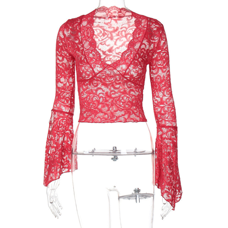 Damen Spitzenbluse mit voluminösen Glockenärmeln und V-Ausschnitt EB