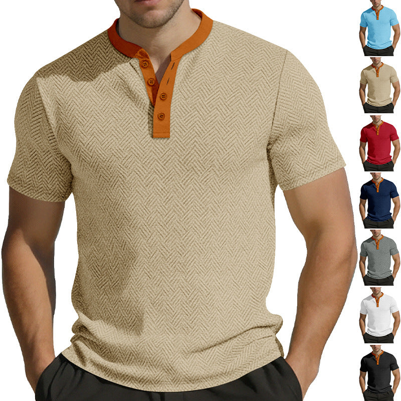 Herren nan schlankes Kurzarm-Henley-Poloshirt mit Mandarin-Kragen und feiner Jacquardstruktur EB