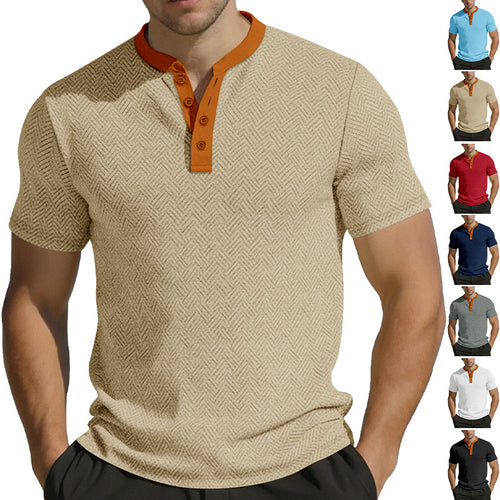 Herren nan schlankes Kurzarm-Henley-Poloshirt mit Mandarin-Kragen und feiner Jacquardstruktur EB