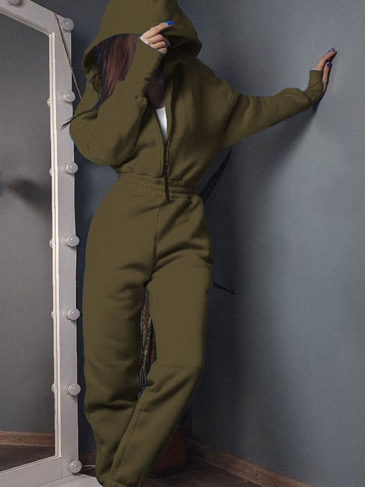 Damen Taillierter Kapuzen-Sweat-Jumpsuit mit Reißverschluss und elastischem Taillenbund EB