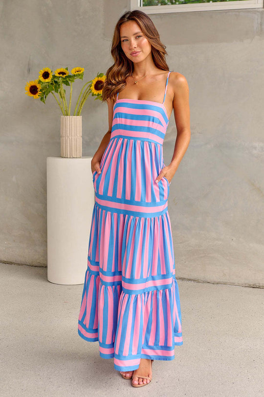 Damen Maxikleid mit schmalen Trägern und gestreiftem Design EB