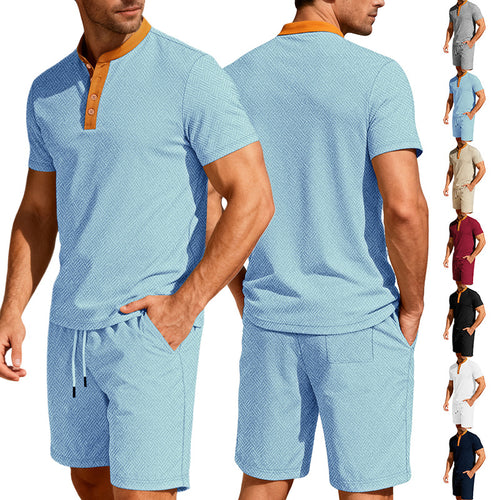 Herren nan maritimes Freizeit-Set mit feiner Wellenstruktur Stehkragenblende und Kordel-Shorts EB