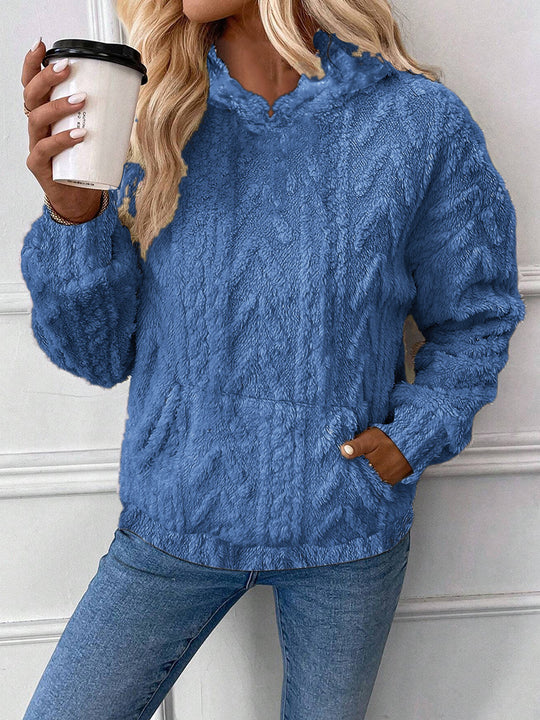 Damen nan kuscheliger Teddyfleece-Pullover mit Kängurutasche und leichtem Stehkragen EB