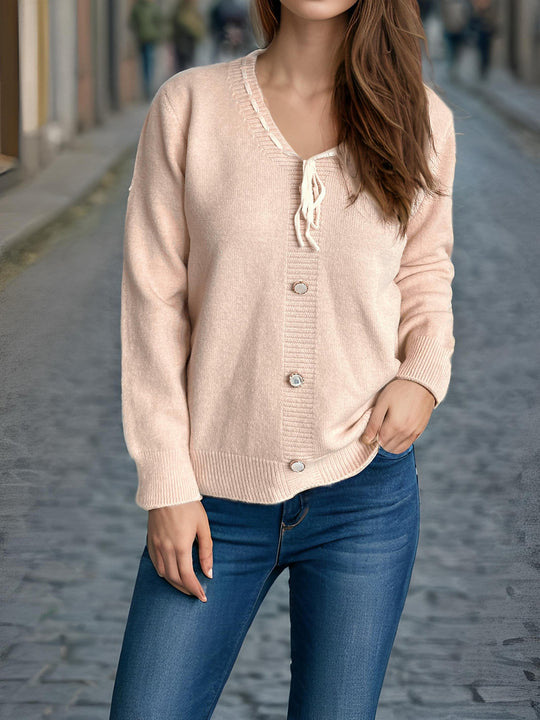Damen modischer Strickpullover mit verspieltem Bindeband und dekorativen Knöpfen EB