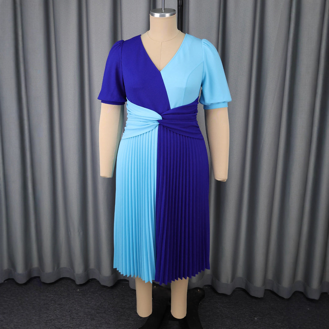 Damen plissiertes Midi-Kleid mit Farbblockdesign und Wickeloptik EB