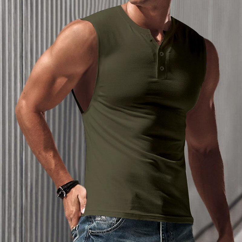 Herren nan ärmelloses Muskelshirt mit Henley-Knopfleiste, tiefem Armausschnitt und elastischem Baumwollmix EB