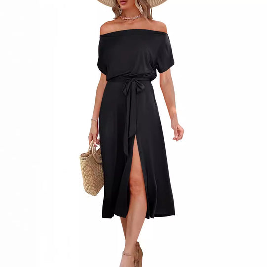 Damen Off-Shoulder Maxikleid mit Taillengürtel und seitlichem Schlitz EB