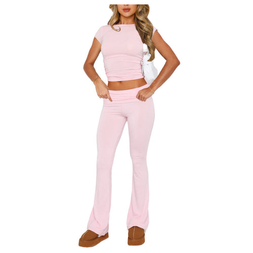 Damen sportliches Set mit figurbetontem Oberteil und ausgestellten Hosen EB