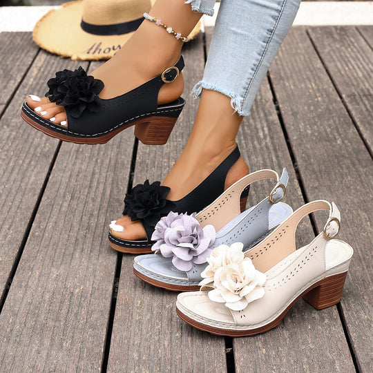 Damen Slingback-Sandalen mit floralem Dekor und modischem Blockabsatz EB