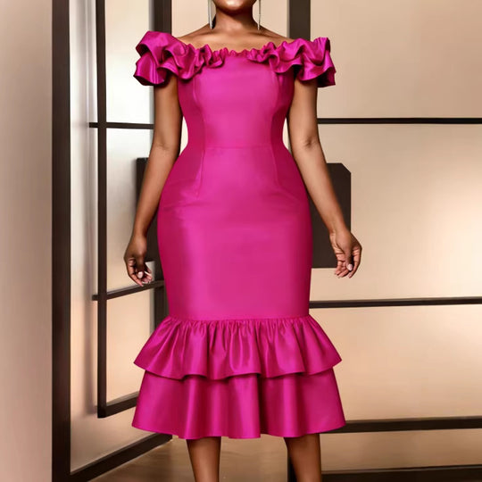 Damen Figurbetontes Abendkleid mit Rüschensaum EB