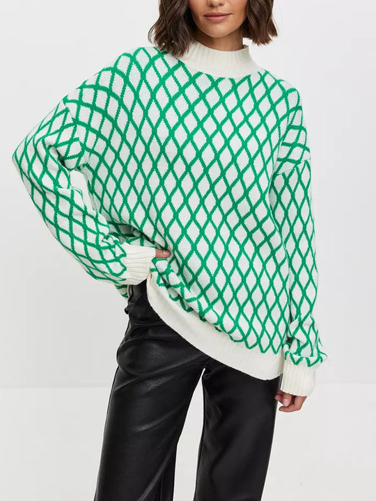 Damen lässiger Pullover mit modernem Rautenmuster und lässigem Schnitt EB